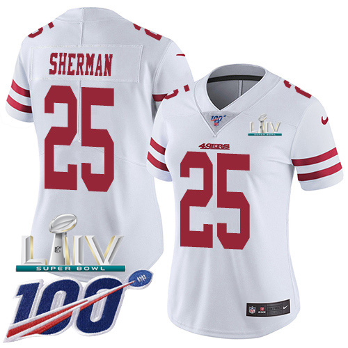 San Francisco 49ers Nike 25 Richard Sherman White Super Bowl LIV 2020 Women Stitched NFL 100th Season Vapor Limited Jersey